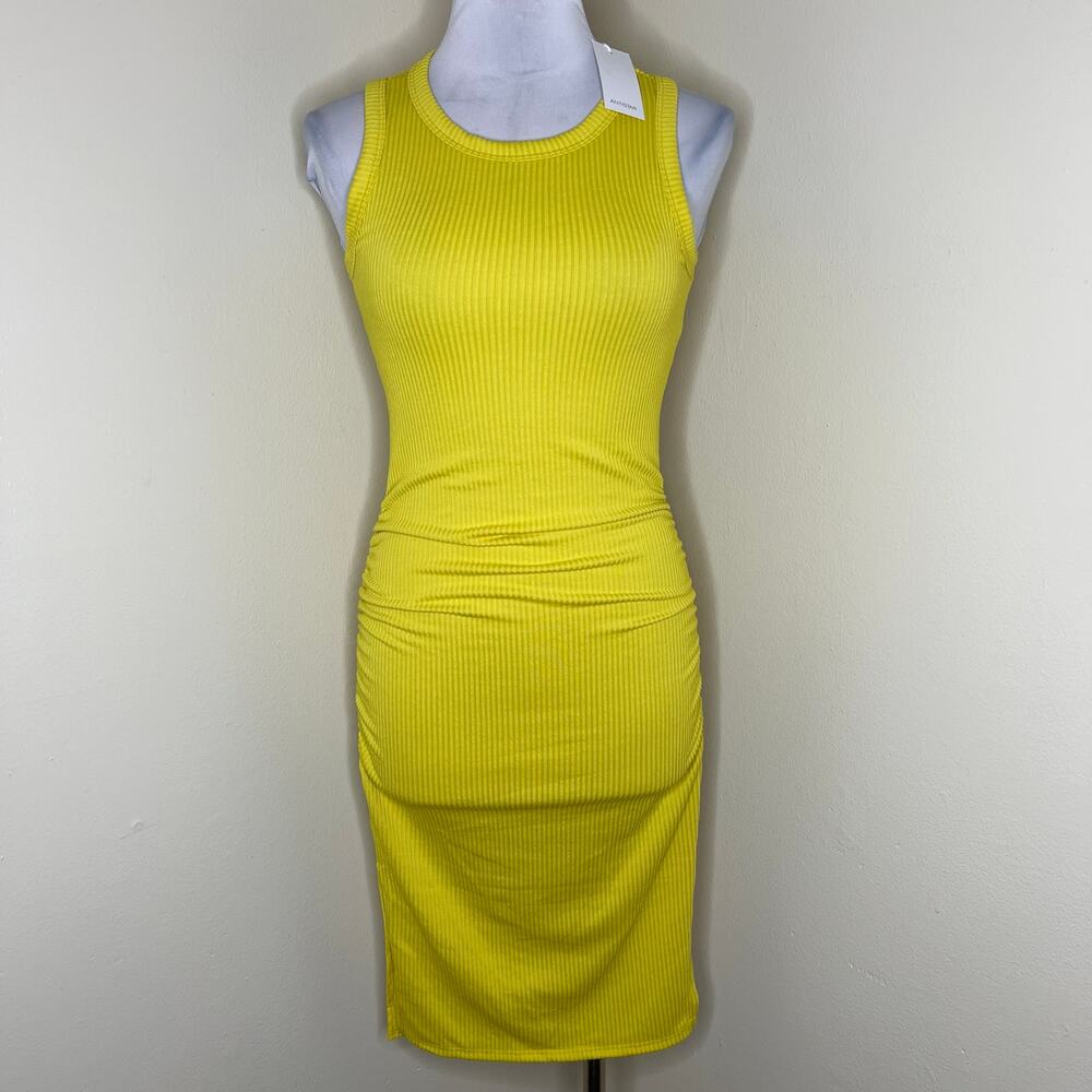Antistar Bodycon Tank Dress MEDIUM Yellow Ribbed Knit Side Slits Midi Ruched NEW